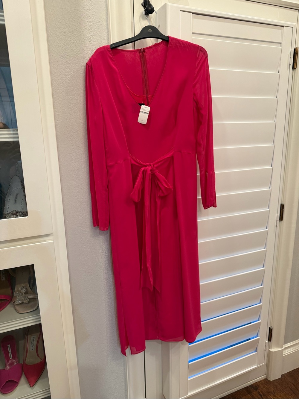 NWT Akris Silk Fuchsia Long Sleeve Tie-Waist Dress. Size 4
